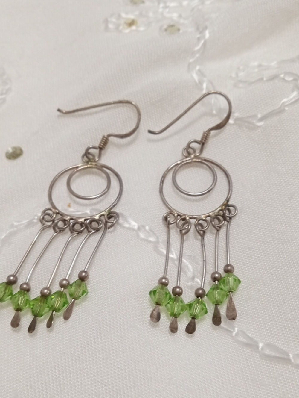Silver-Tone Hoop Fringe Earrings with Green Crystal Beads